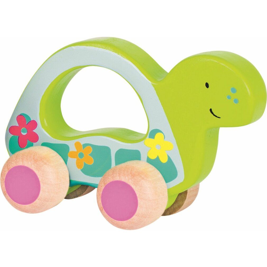 Holzspielzeug in Form einer Schildkröte mit Rädern. Grün mit Blumen. Rosa Räder.