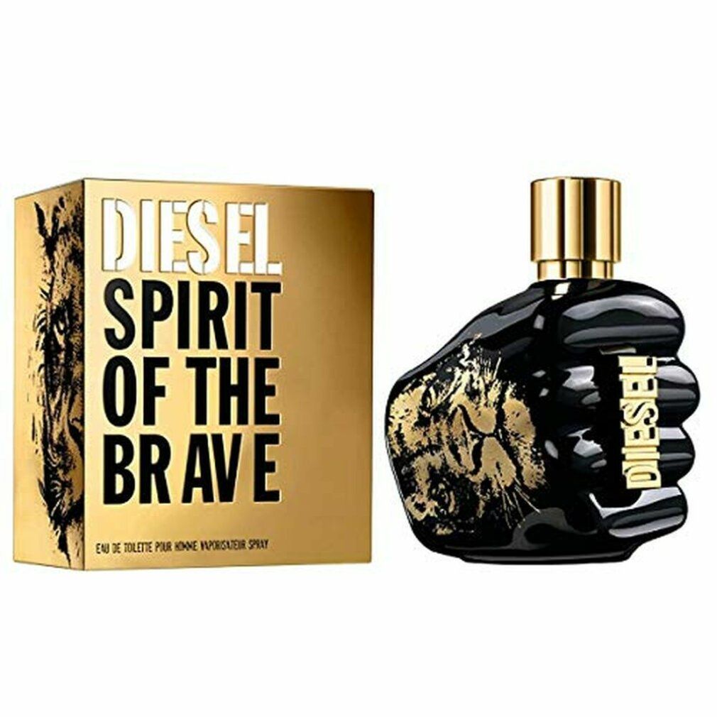 Schwarzer Flakon und goldene Verpackung. Flakon in Faustform mit Löwenmuster. Aufschrift: Diesel Spirit of The Brave.