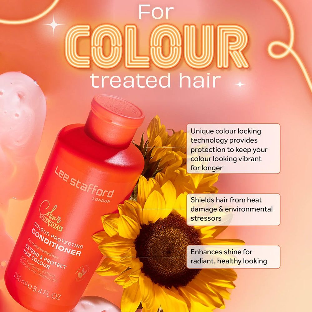 Lee Stafford Colour Guarded Conditioner Flasche neben Sonnenblumen, mit Text über Farbschutz.