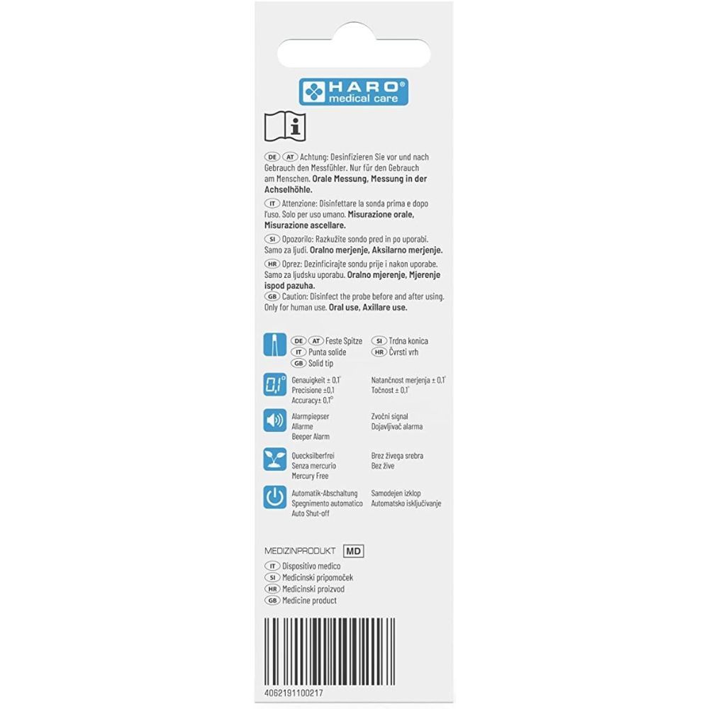 Achterkant van de thermometerverpakking. Meertalige informatie. HARO medical care logo. Medisch hulpmiddel markering.