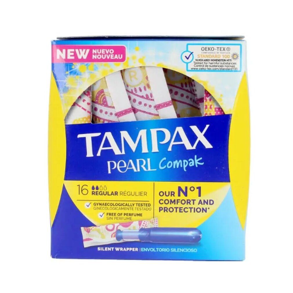 Verpackung von Tampax Pearl Compak Regular Tampons. Enthält 16 Stück. Mit Aufdrucken und dem Hinweis auf Komfort und Schutz.