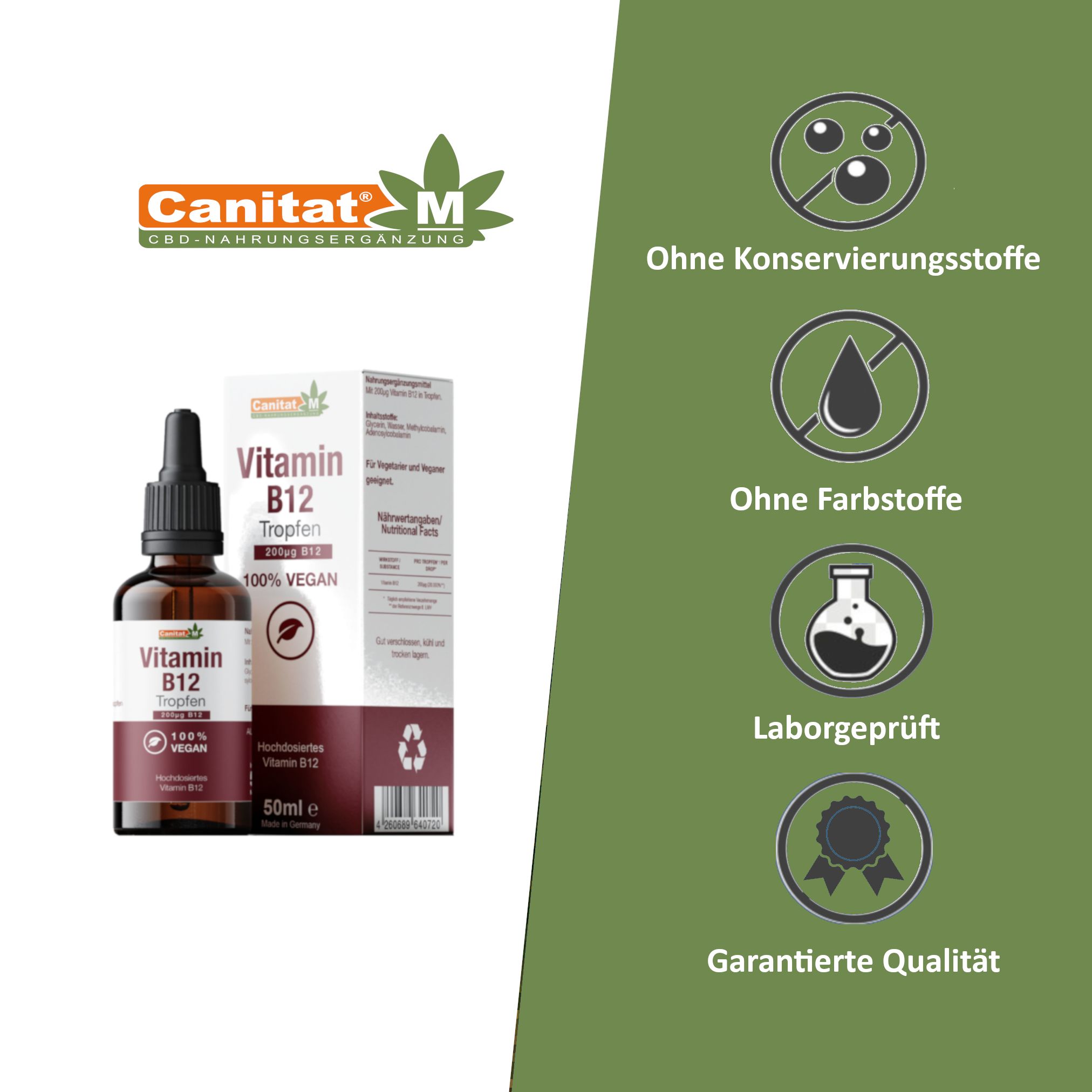 Produktflasche und Verpackung. Logos: ohne Konservierungsstoffe, ohne Farbstoffe, Laborgeprüft, garantierte Qualität.