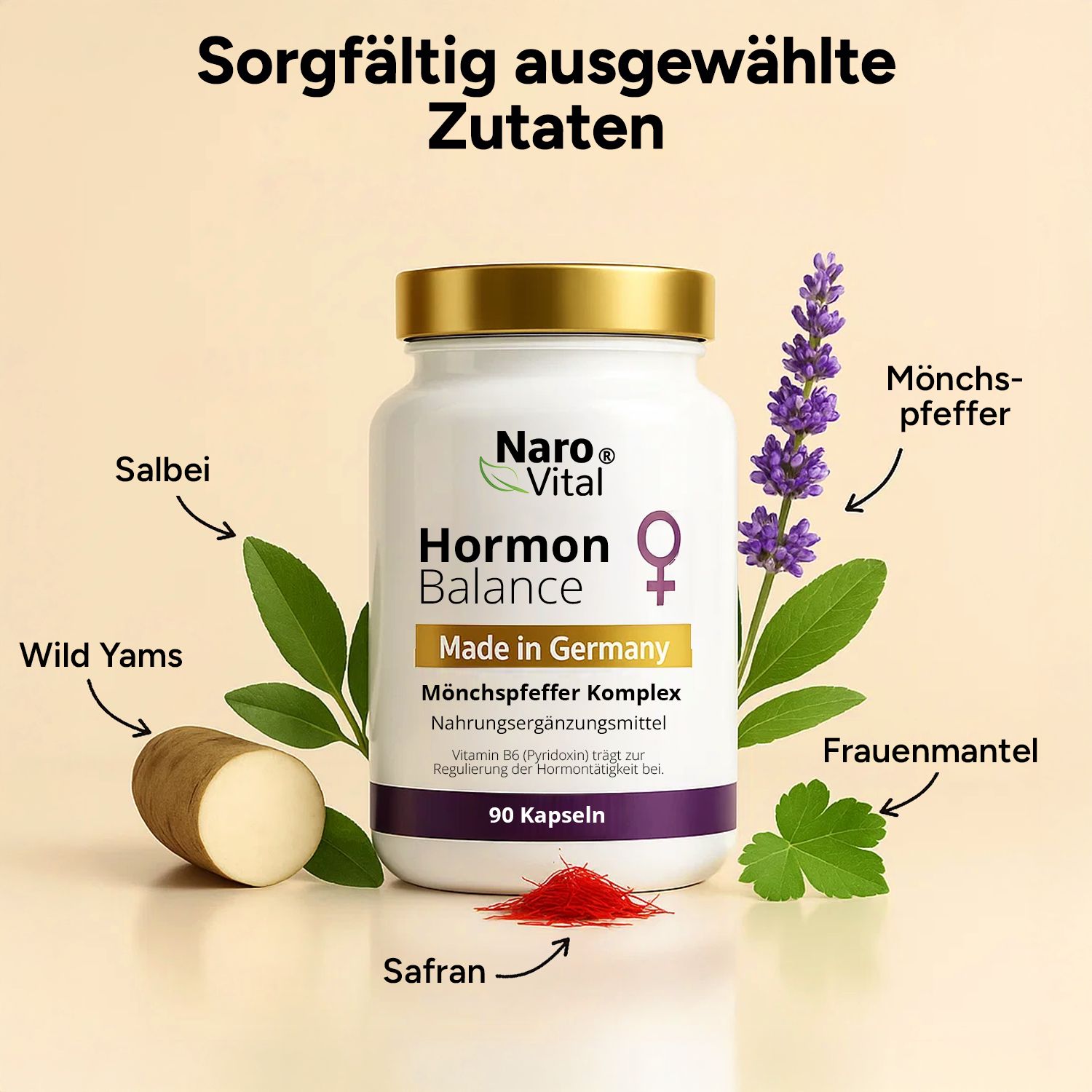 Weißes Flaschendesign mit goldfarbenem Deckel. Text: Hormon Balance, 90 Kapseln. Abgebildet sind Kräuter und Zutaten.