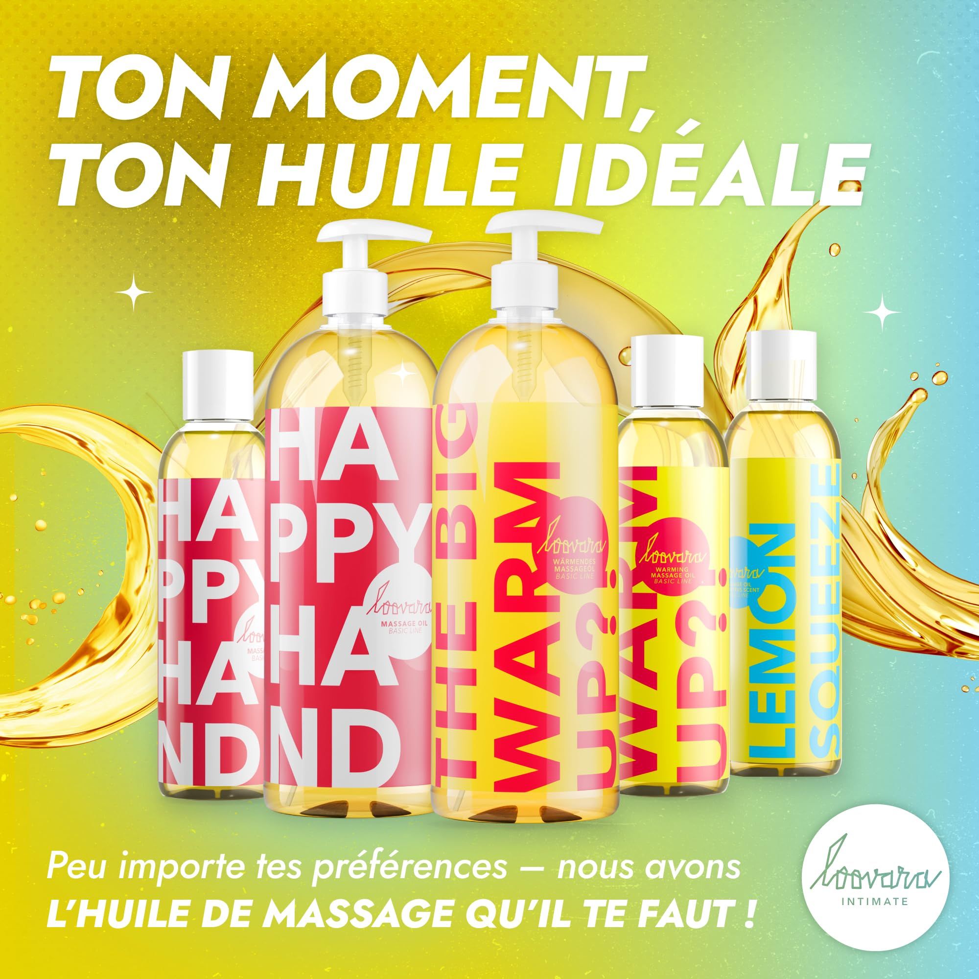 Flaschen von Loovara Massageölen, darunter Lemon Squeeze, mit Ölspritzern.
