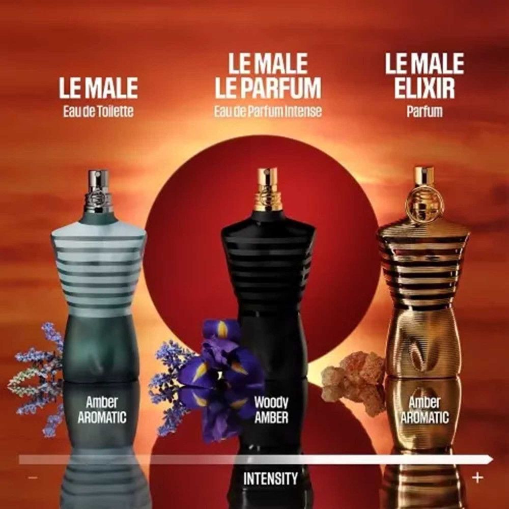 Drei Flakons in Torsoform. Links: Le Male Eau de Toilette. Mitte: Le Male Le Parfum. Rechts: Le Male Elixir. Alle mit Beschriftung.