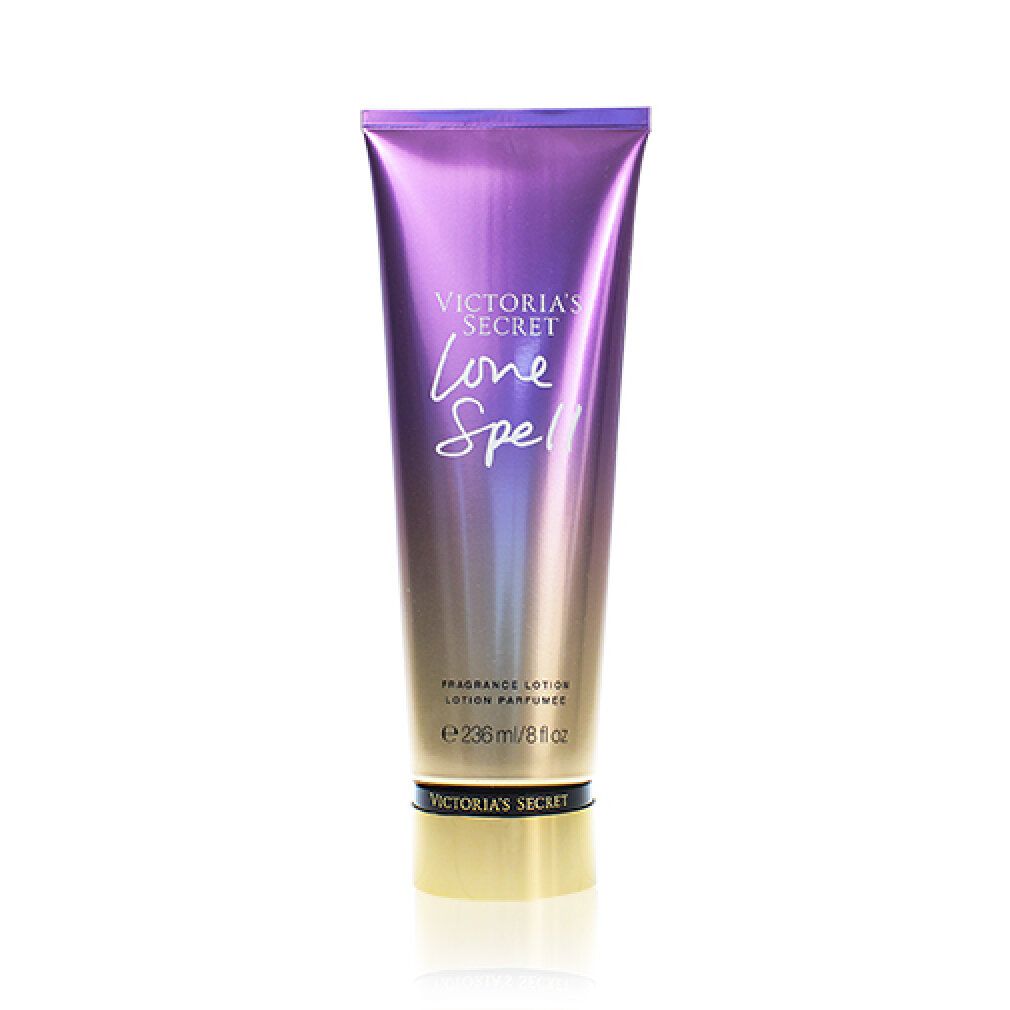 Lotion-Tube mit Farbverlauf. Aufschrift: Victoria's Secret Love Spell. Text: Fragrance Lotion, 236 ml/8 fl oz.