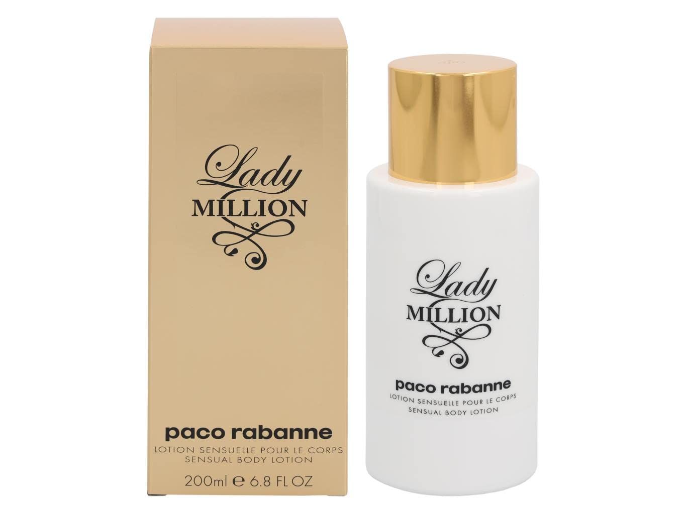Weiße Flasche mit goldfarbenem Deckel und goldfarbener Kartonverpackung. Aufschrift "Lady Million".
