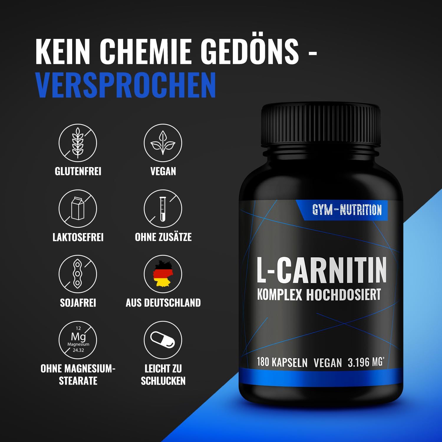 Dose L-Carnitin Kapseln, 180 Stück, vegan, 3.196 mg, mit Icons für 'Glutenfrei', 'Vegan', 'Laktosefrei'.