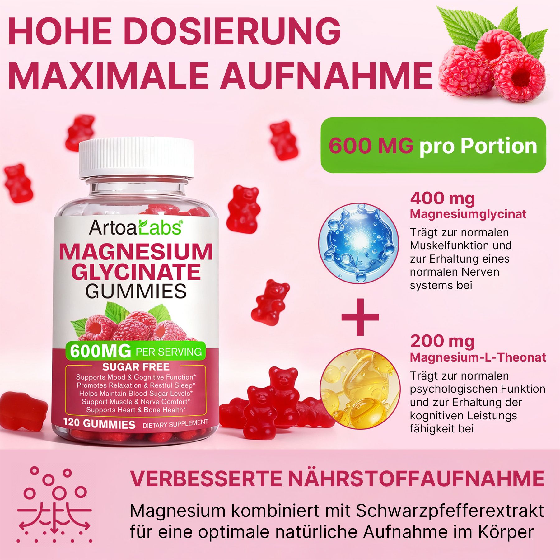 ArtoaLabs Magnesium Glycinate Gummies Flasche mit 120 Gummis, zuckerfrei. Enthält Magnesiumglycinat und Magnesium-L-Theonat.