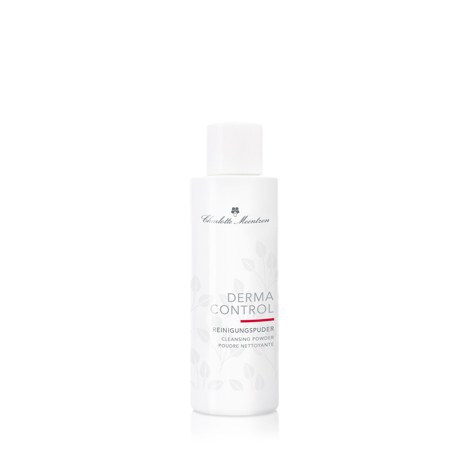 Weiße Flasche mit Deckel. Aufschrift: Derma Control Reinigungspuder. Marke Charlotte Meentzen.
