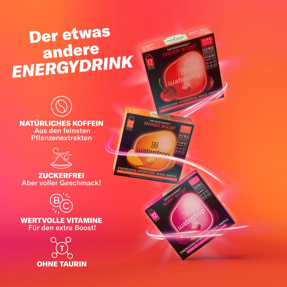 Drei waterdrop® Microenergy Boost Set Trio-Boxen. Kirsche, Mango und Beere. Text: Natürliches Koffein, zuckerfrei, wertvolle Vitamine, ohne Taurin.