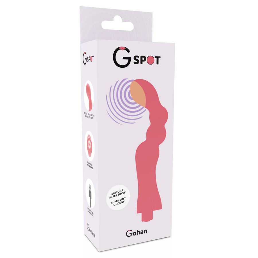 Verpackung mit Produktabbildung. Aufschrift G-Spot und Gohan. Text: Silicone Super Suave, Super Soft Silicone.