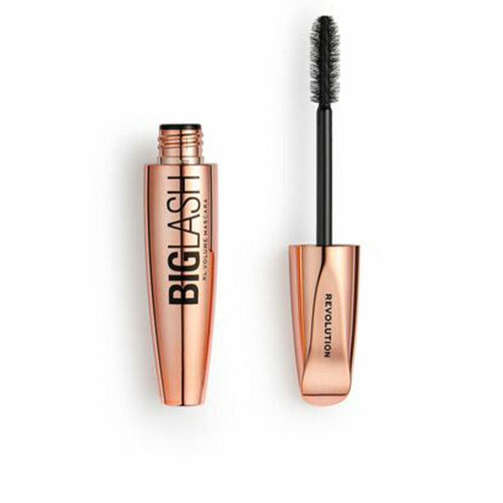 Geöffnete, roséfarbene Mascarahülse mit Bürste. Aufschrift: BIG LASH XL VOLUME MASCARA. Schwarze Bürste.
