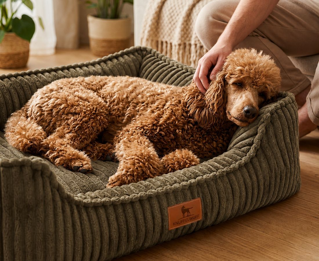 Mann streichelt Pudel auf braunem Cord-Hundebett.