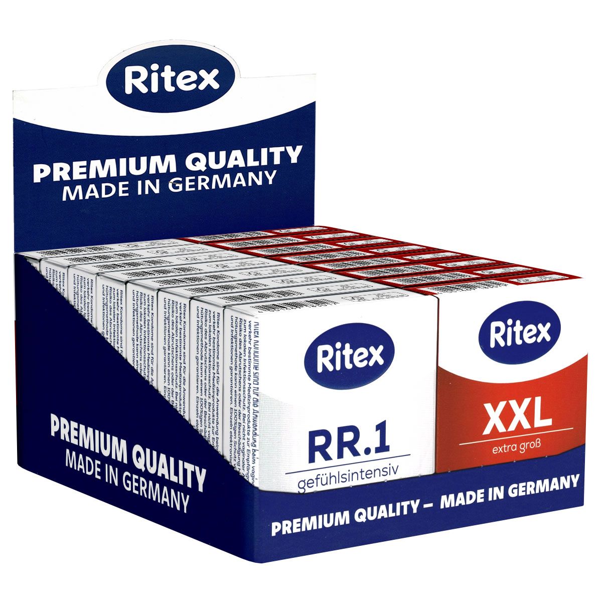 Verkaufsdisplay mit Schachteln. Aufdrucke: Ritex, RR.1, XXL, Premium Quality Made in Germany. Produktbezeichnung und Größenangabe.