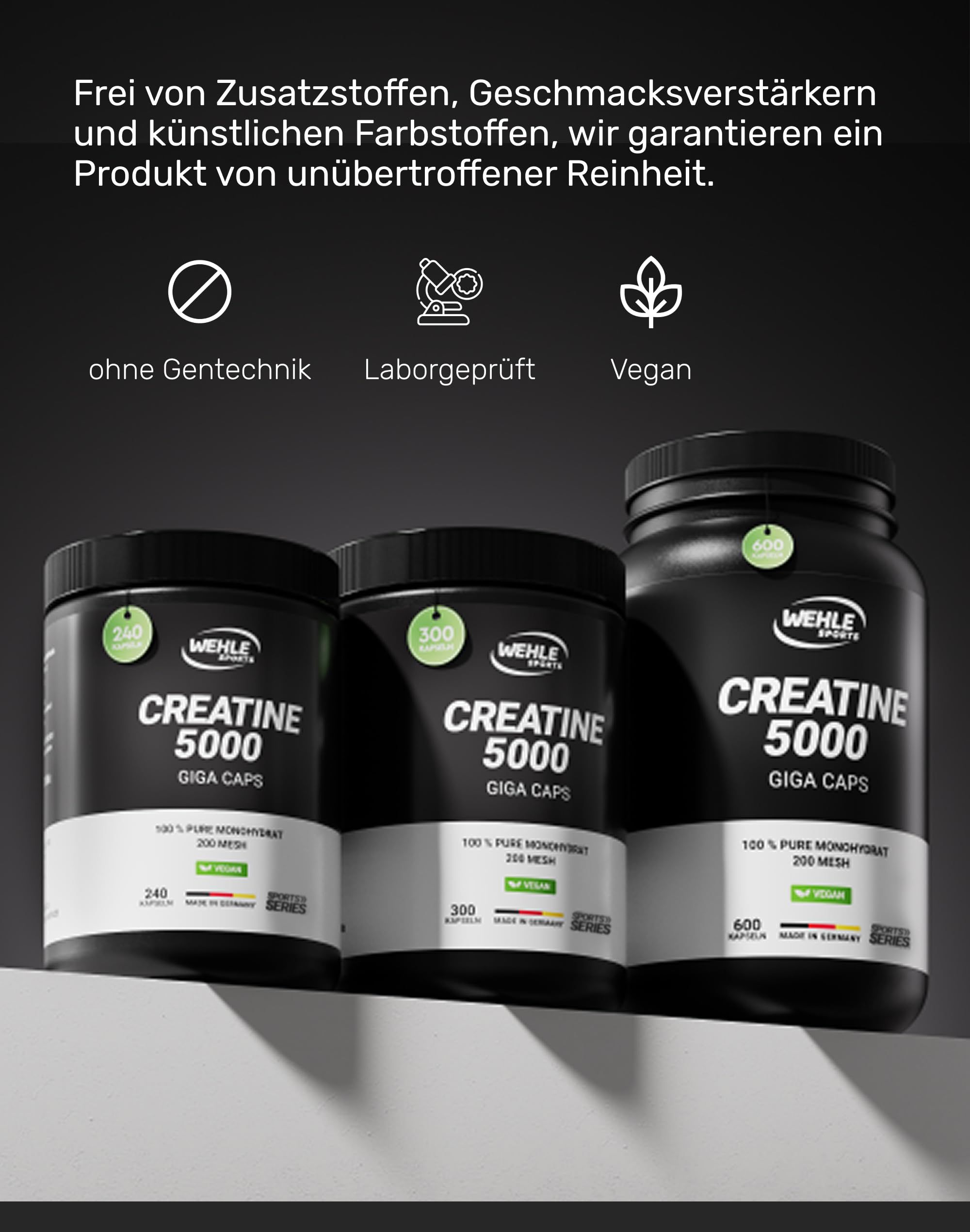 Drei Dosen 'Creatine 5000'. 'Wehle Sports' Logo. Vegan-Logo. Text: Ohne Gentechnik, Laborgeprüft, Vegan.