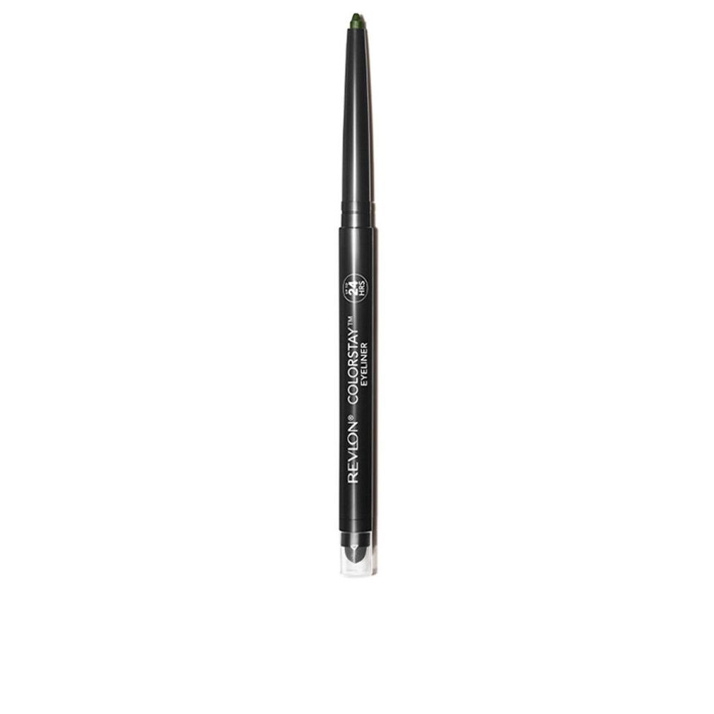 Schwarzer, ausziehbarer Eyeliner mit grüner Spitze. Beschriftung: REVLON COLORSTAY EYELINER 24 HRS.