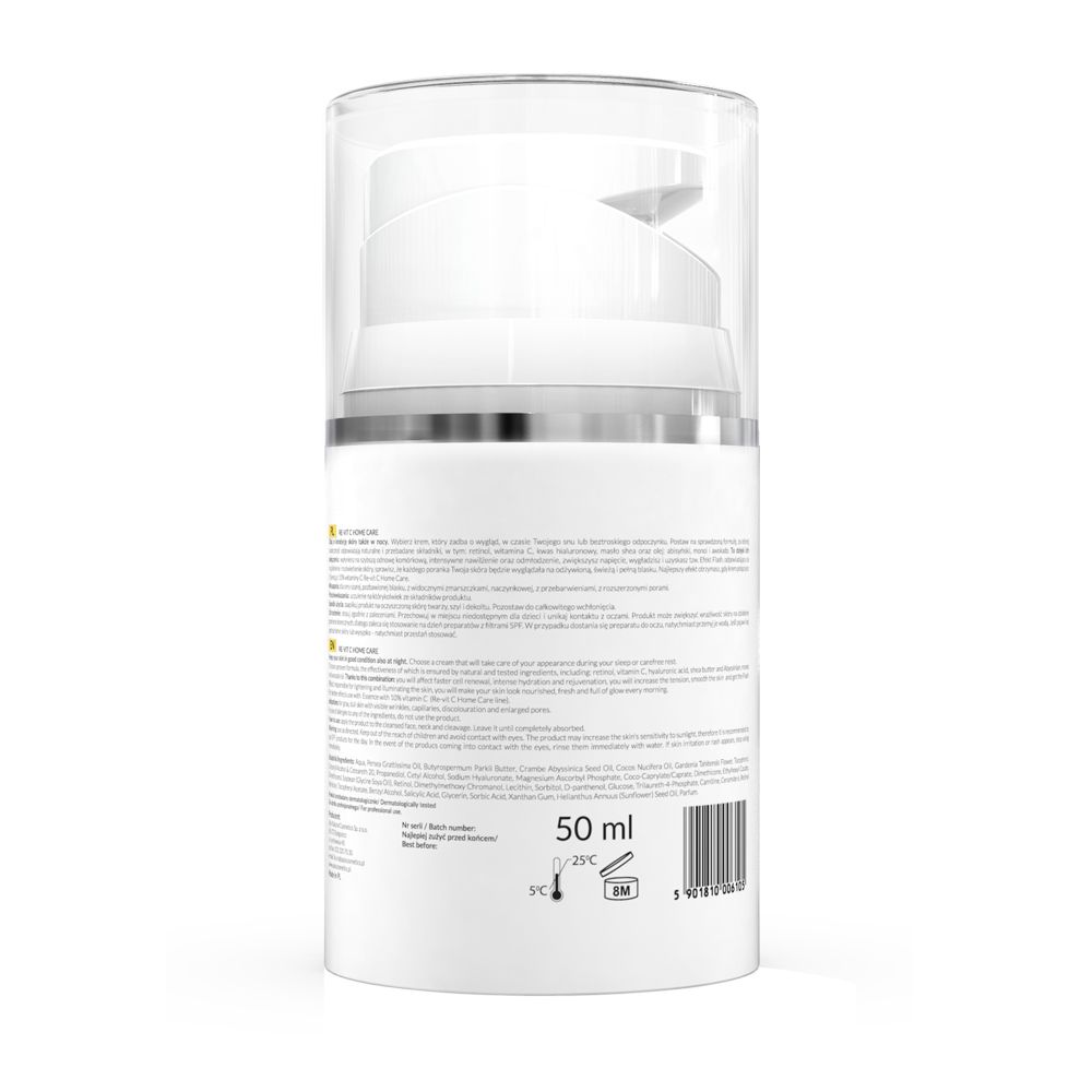 Rückansicht eines weißen Creme-Spenders mit transparentem Deckel. Aufschrift: 50 ml, Temperaturangaben und Barcode.