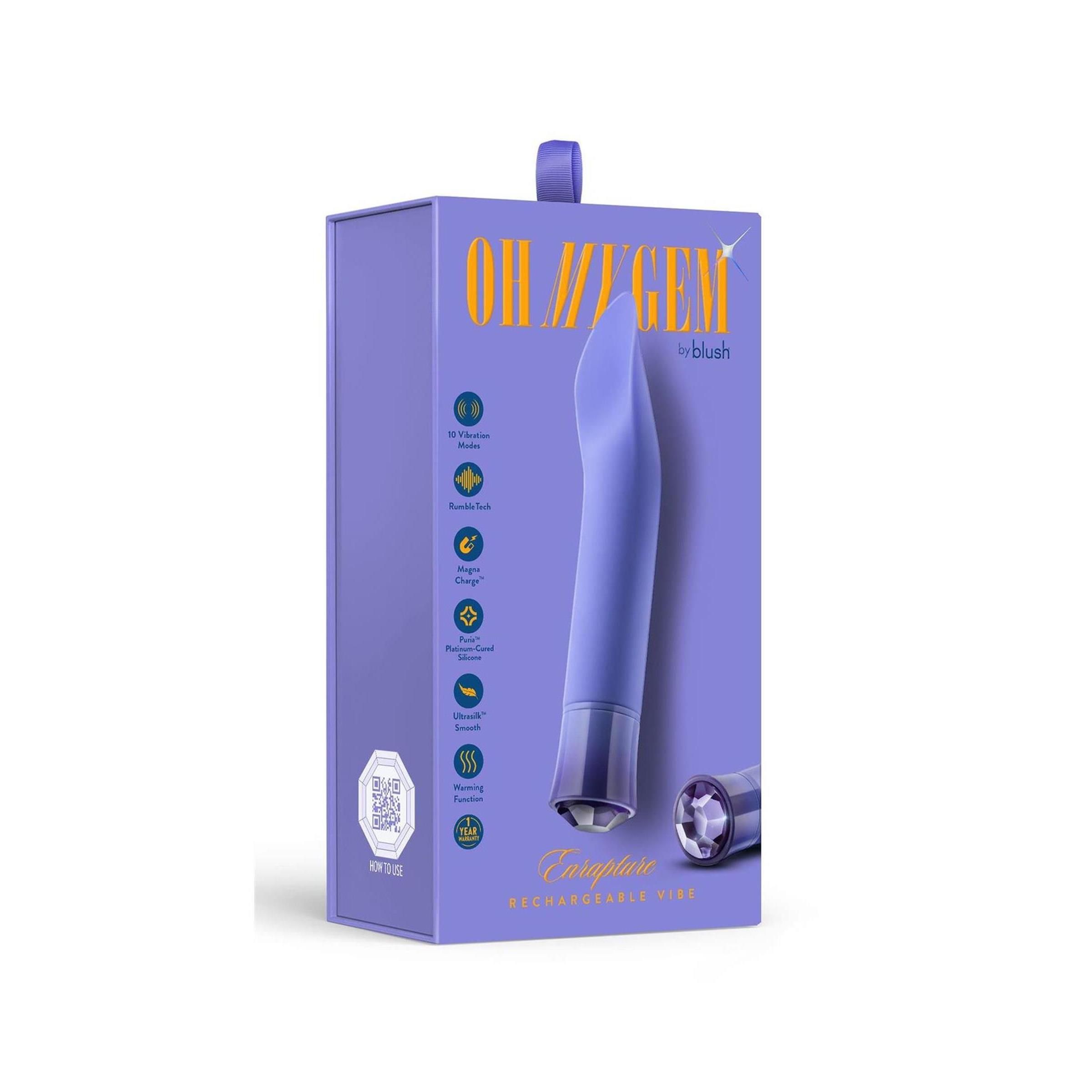 Verpackung für einen lila Vibrator. Aufschrift 'OH MY GEM' und 'by blush'. Produktname 'Everything'.