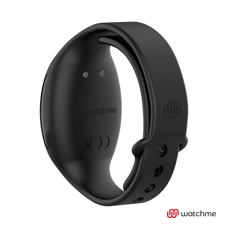 Schwarzes Armband, Rückseite mit Logo watchme und Symbolen.