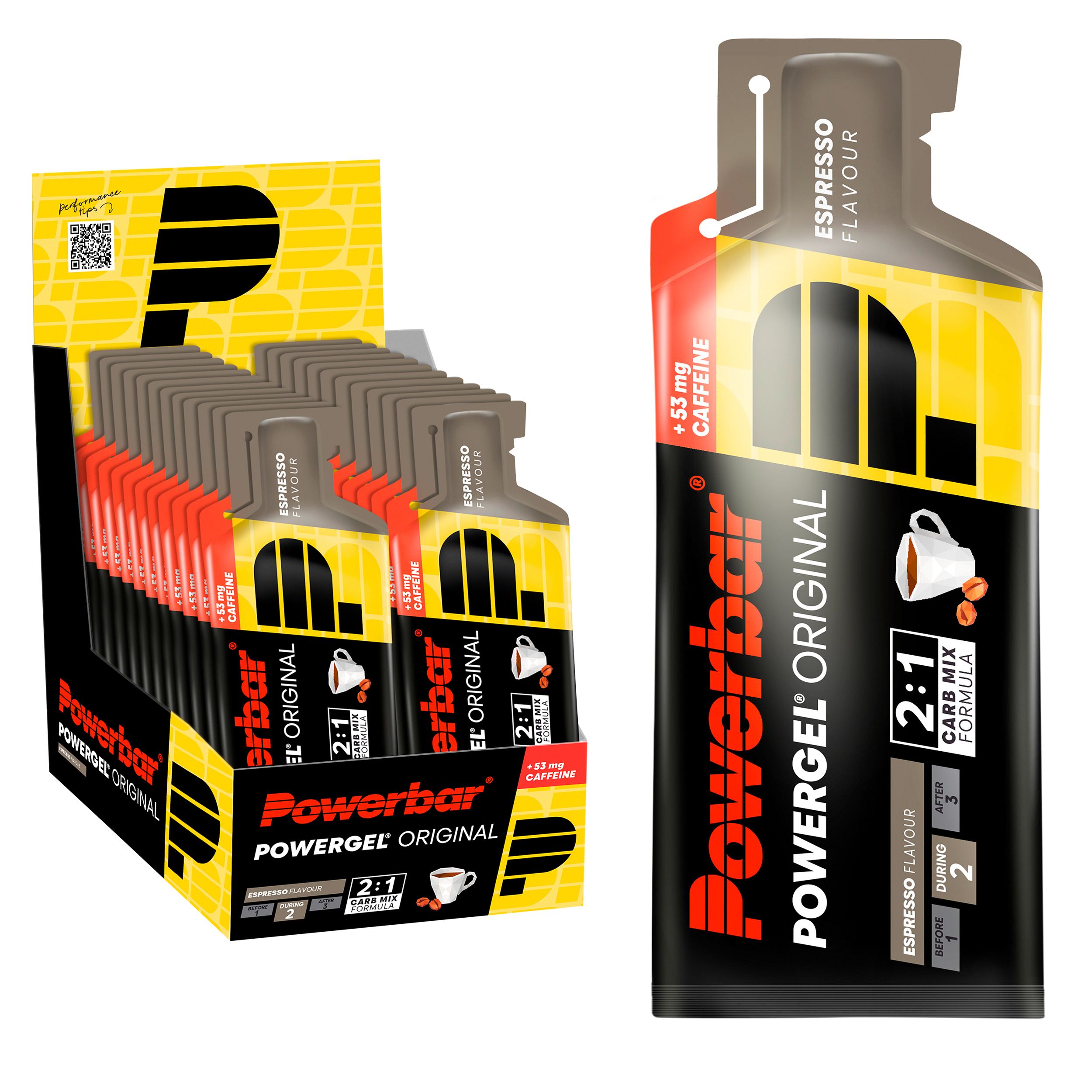 PowerBar PowerGel Original Espresso. Einzelne und in einer Box. Schwarze Verpackung mit gelben und roten Akzenten.