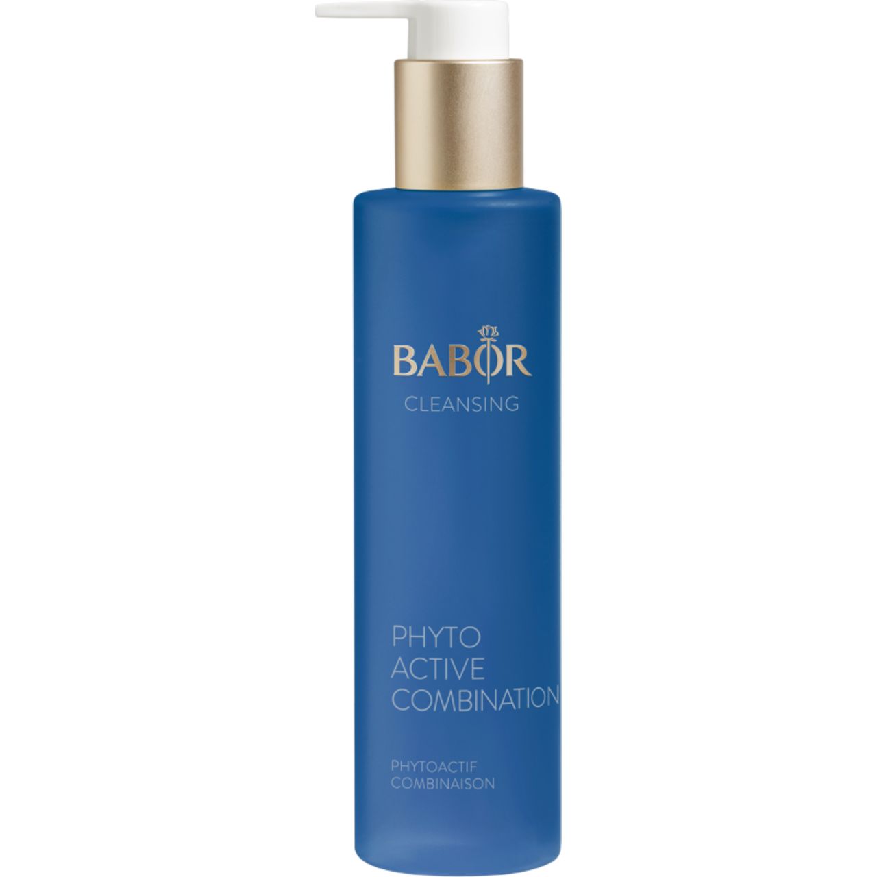 Blaue Flasche mit Pumpe, goldfarbener Verschluss. Aufschrift: Babor Cleansing, Phyto Active Combination.
