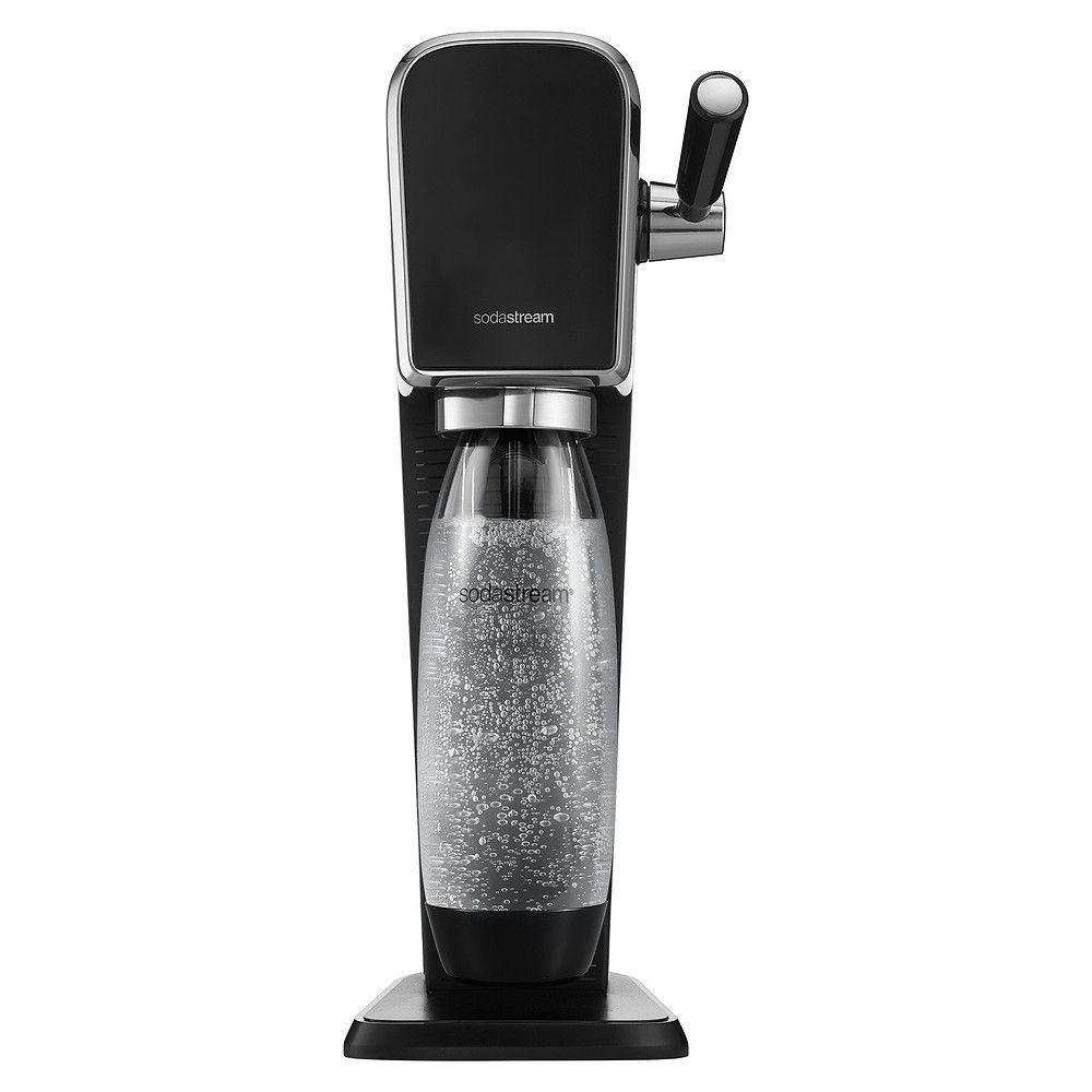 SodaStream Art Wassersprudler in Schwarz mit sprudelnder Flasche.