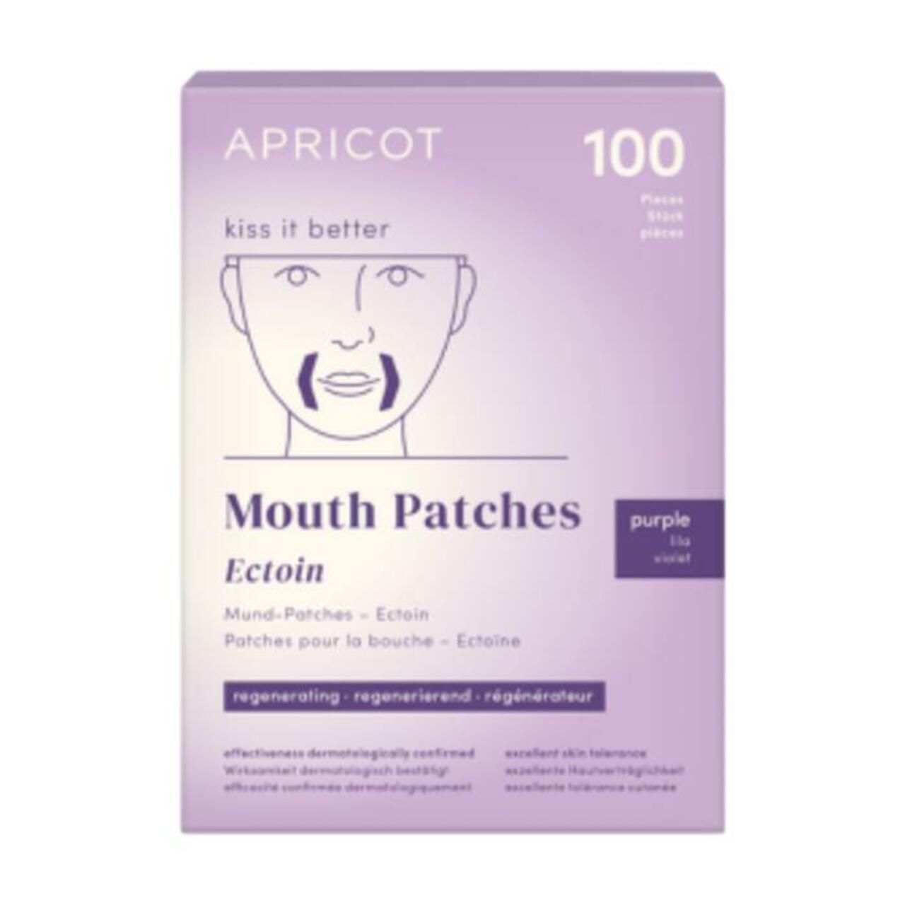 Verpackung mit Mund-Patches. Lila Schachtel mit Produktname, 100 Stück.