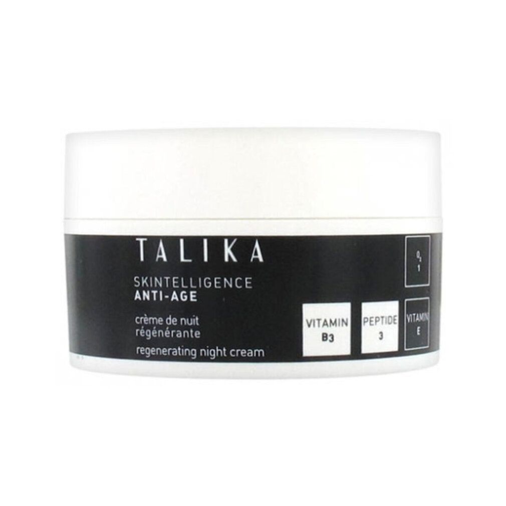 Creme-Tiegel mit schwarzem Etikett. Aufschrift: TALIKA, Skintelligence Anti-Age, Regenerating Night Cream. Enthält Vitamin B3, Peptid 3, Vitamin E.