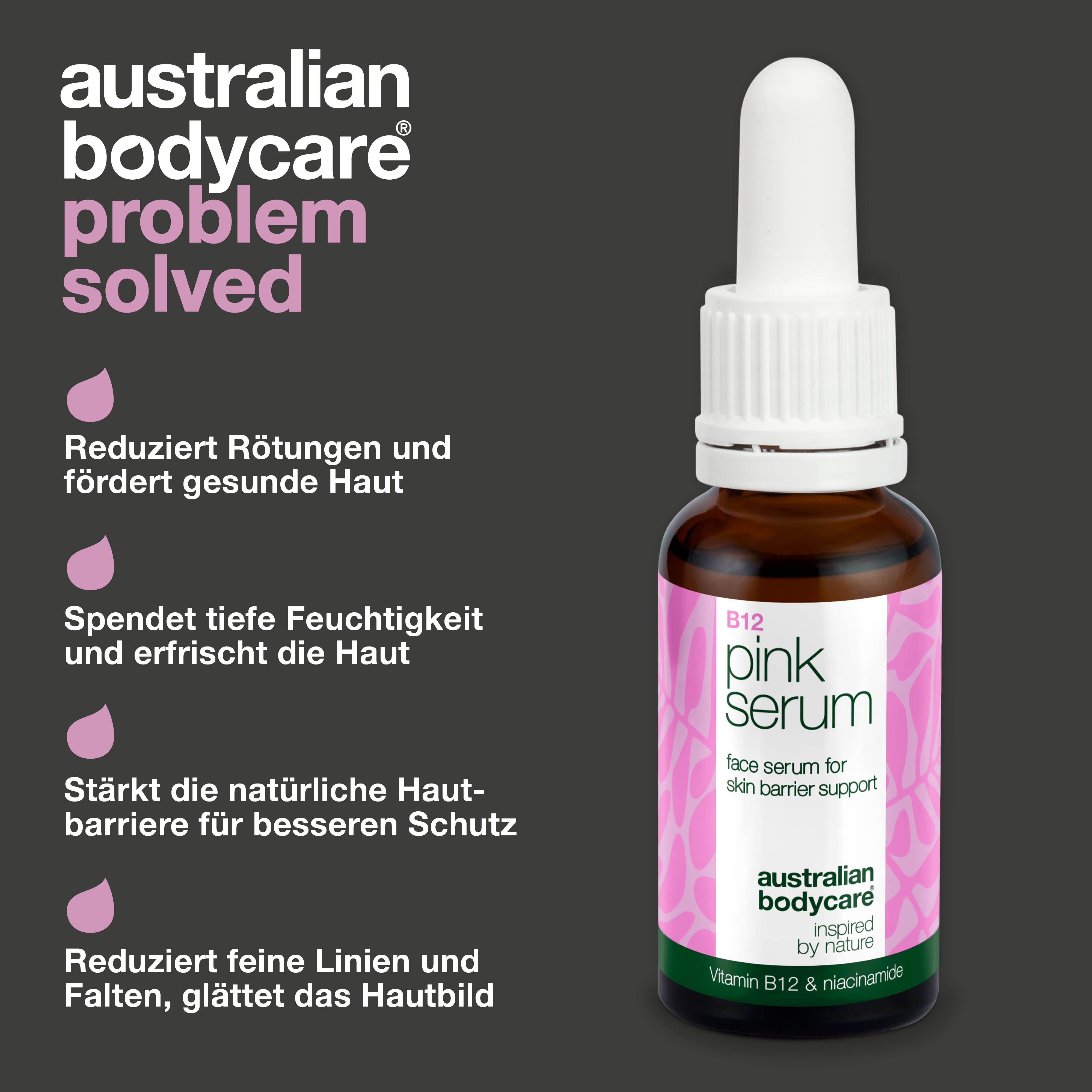 Text: Australian Bodycare Problem gelöst. Flasche mit B12 pink Serum. Reduziert Rötungen, hydratisiert, schützt.