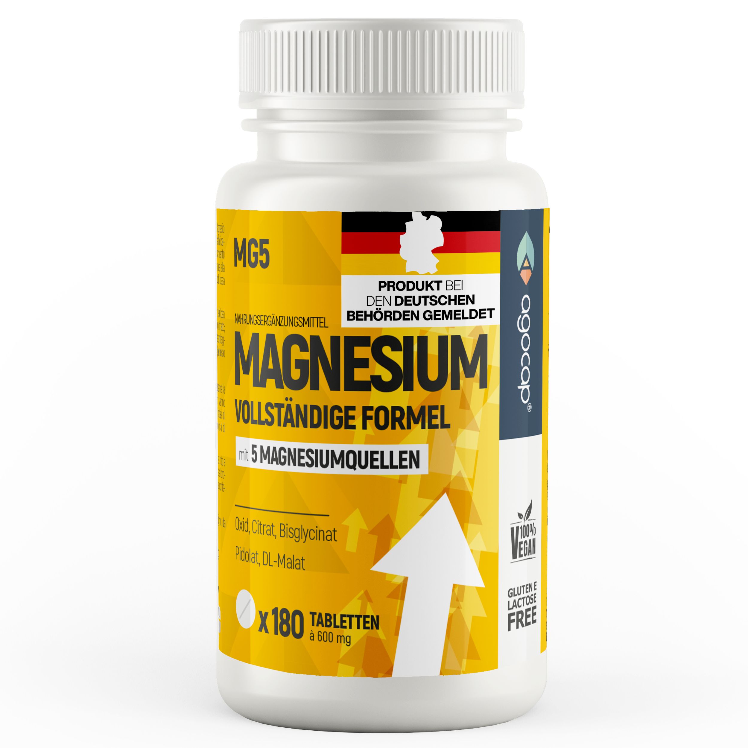 Weißes Fläschchen mit gelbem Etikett. Aufschrift: Magnesium, vollständige Formel, 5 Magnesiumquellen, 180 Tabletten.