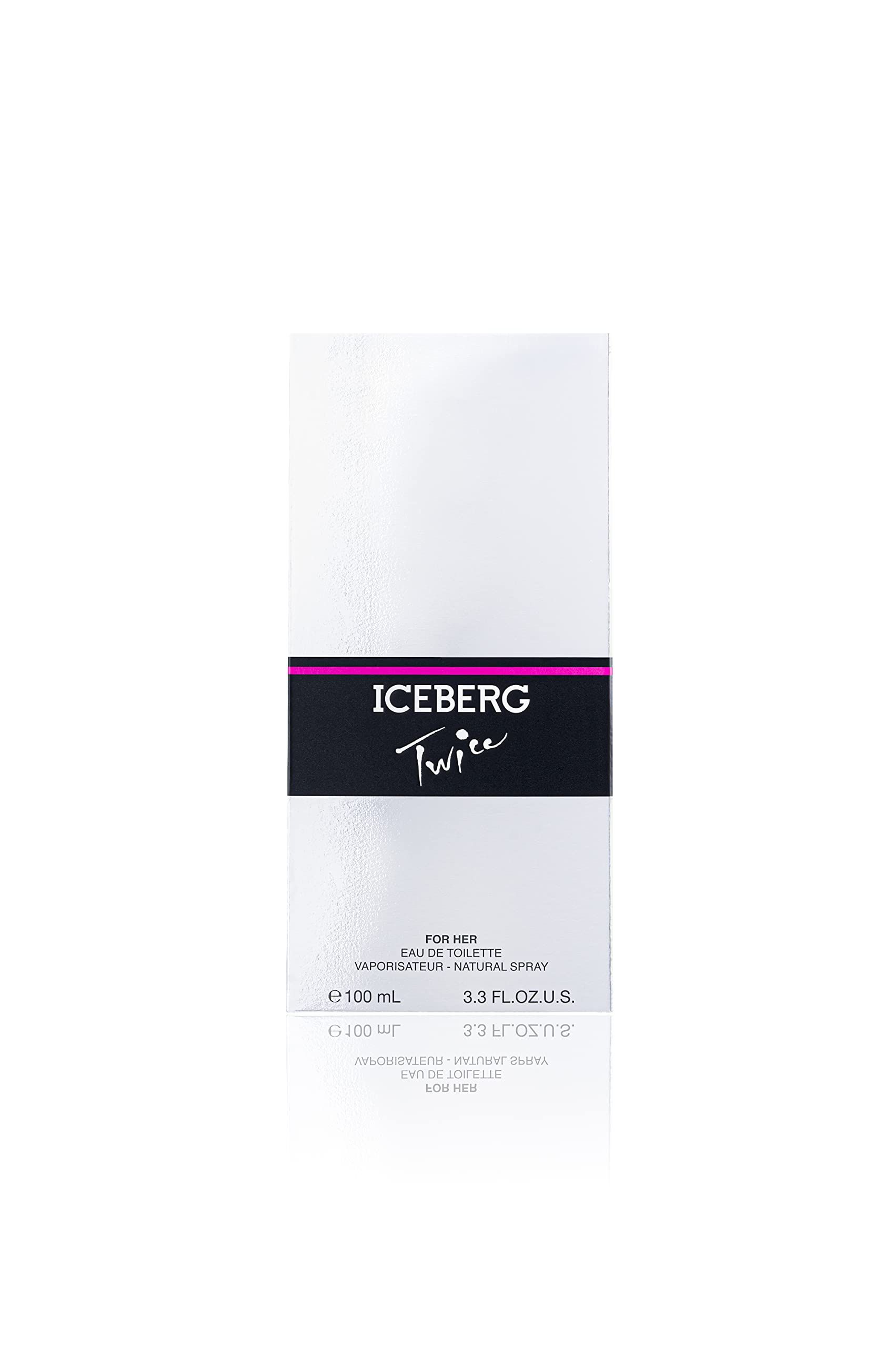 Weiße Verpackung für Iceberg Twice Damen Eau de Toilette. Schwarzes Band mit Logo.
