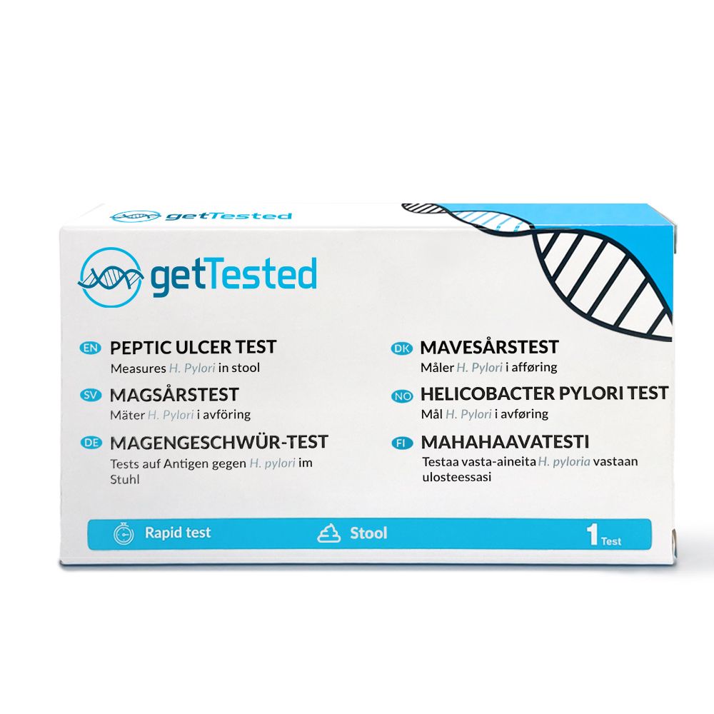 Schachtel mit Text und Logo. Text: GetTested, Peptic Ulcer Test, Magengeschwür-Test. Enthält 1 Test.