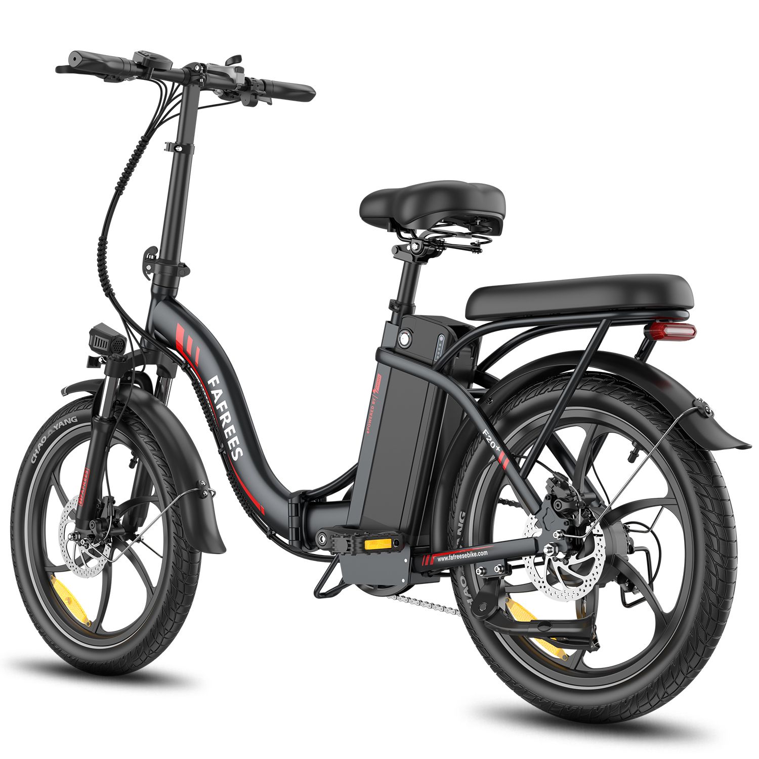 Faltbares E-Bike Fafrees F20+ in Schwarz. Sichtbar: Sattel, Gepäckträger, Akku, Schutzbleche, Felgen mit roter Akzentlinie.