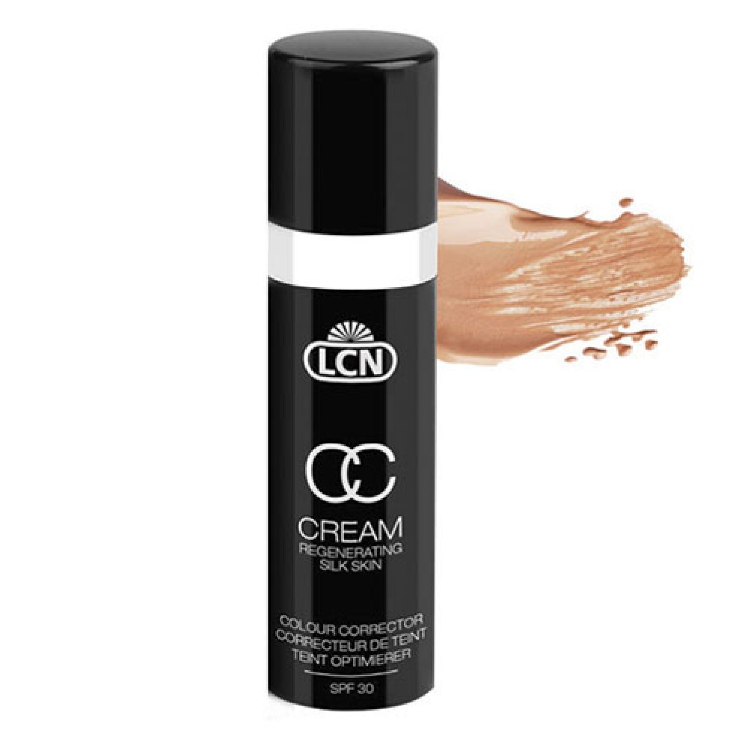 Schwarze Flasche mit weißem Band und Deckel. Aufschrift: LCN, CC Cream, Colour Corrector, SPF 30. Daneben ein Klecks getönter Creme.