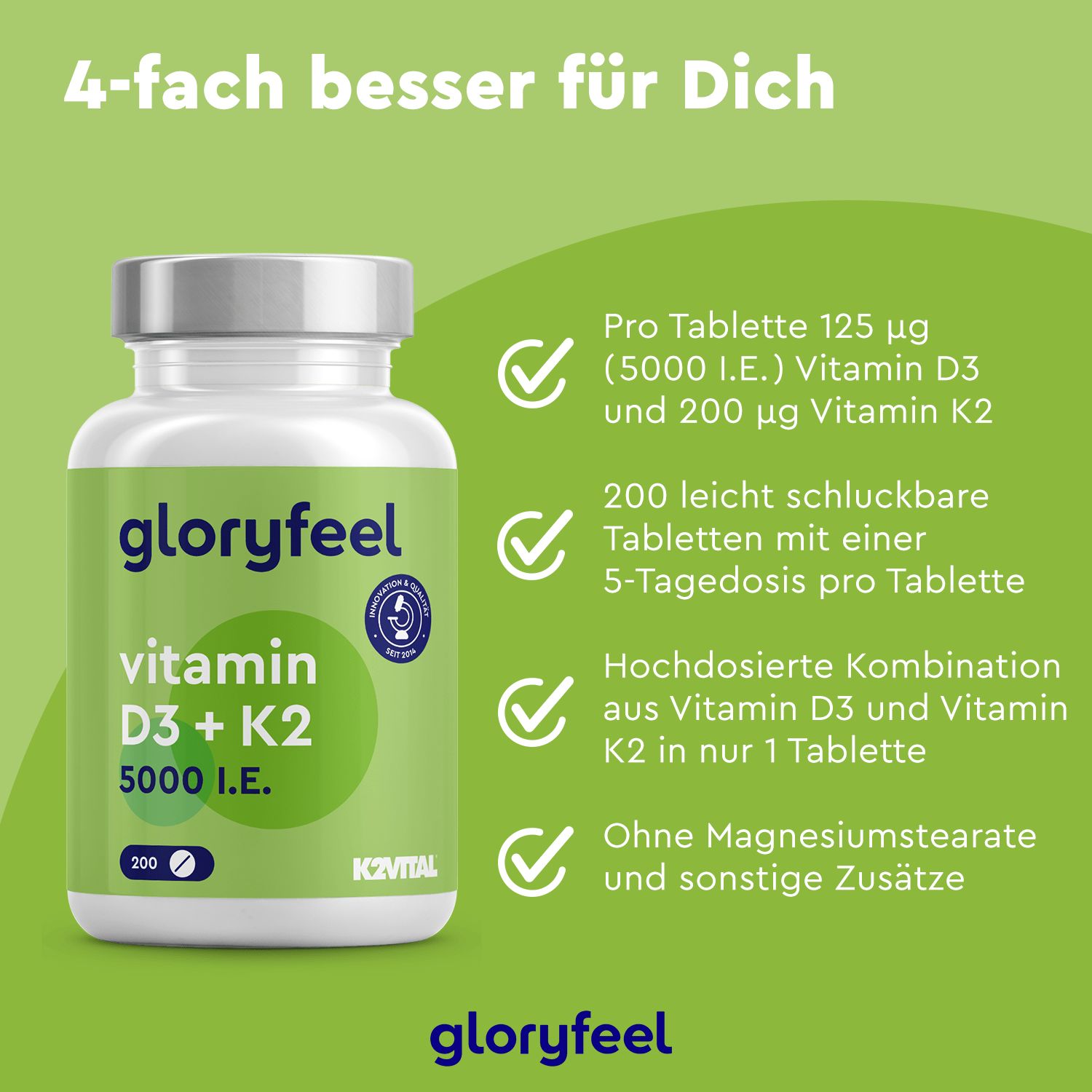 gloryfeel® Vitamin D3 K2 (K2VITAL® von Kappa) 5.000 I.E. Tabletten 200