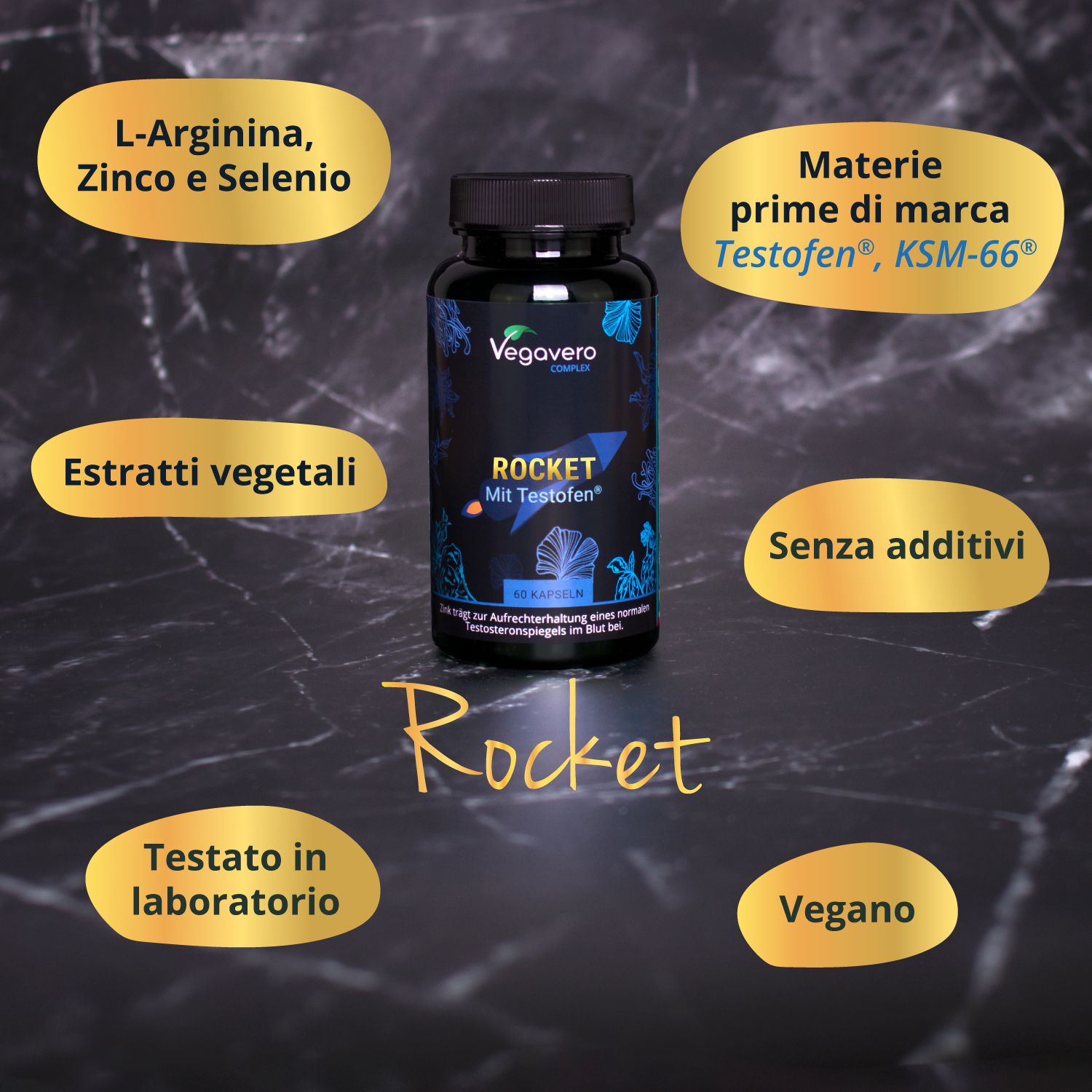 Flacone Rocket Mit Testofen. Cerchi dorati con testo: L-Arginina, Senza additivi, Vegano, ecc.