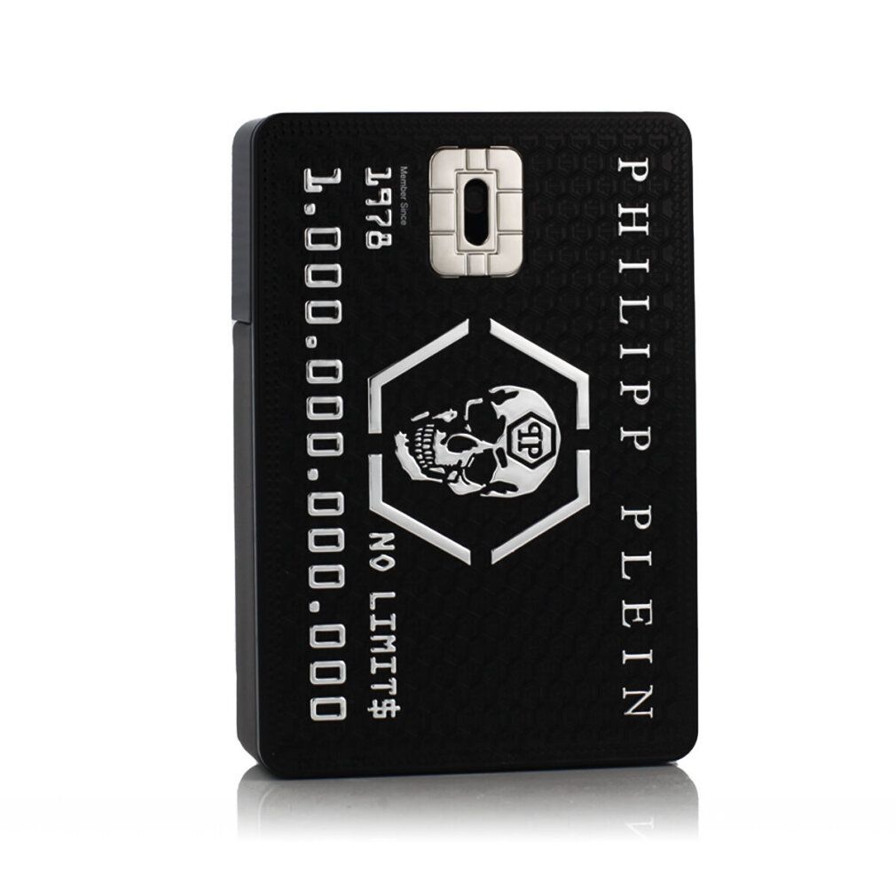 Schwarzer Flakon. Aufschrift: PHILIPP PLEIN, NO LIMITS. Hexagon mit Totenkopf. 1.000.000.000.000. 1978.
