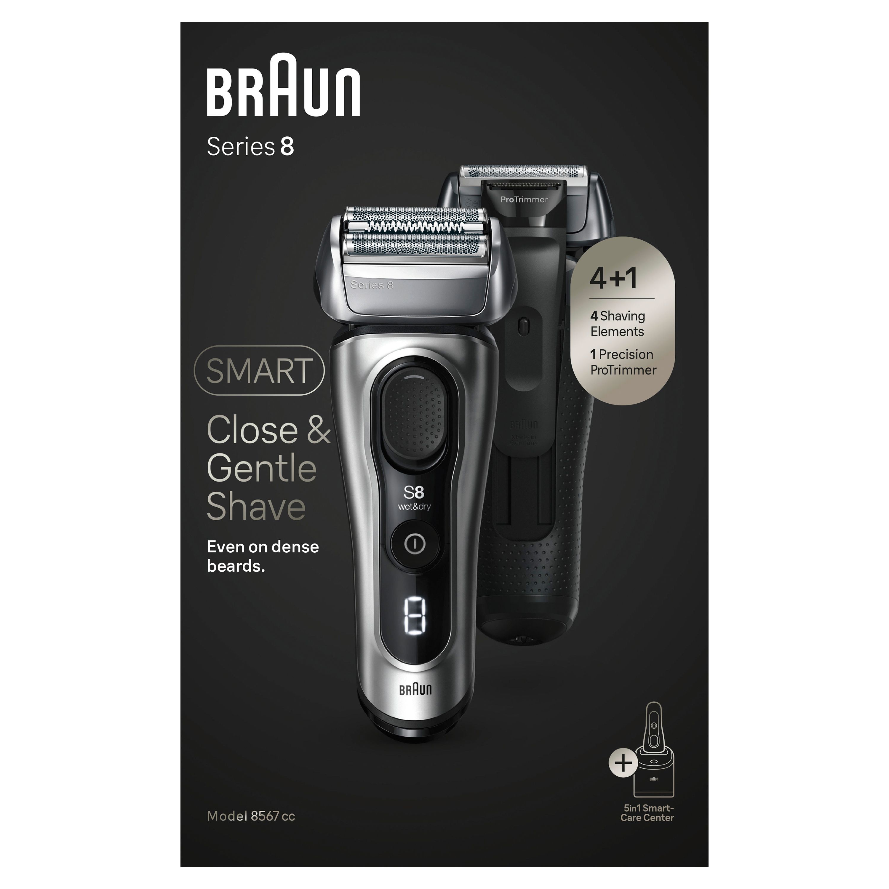 Verpackung mit Rasierer und Zubehör. Aufschrift: Braun, Series 8, SMART, Close & Gentle Shave, 4+1, Model #8567cc.