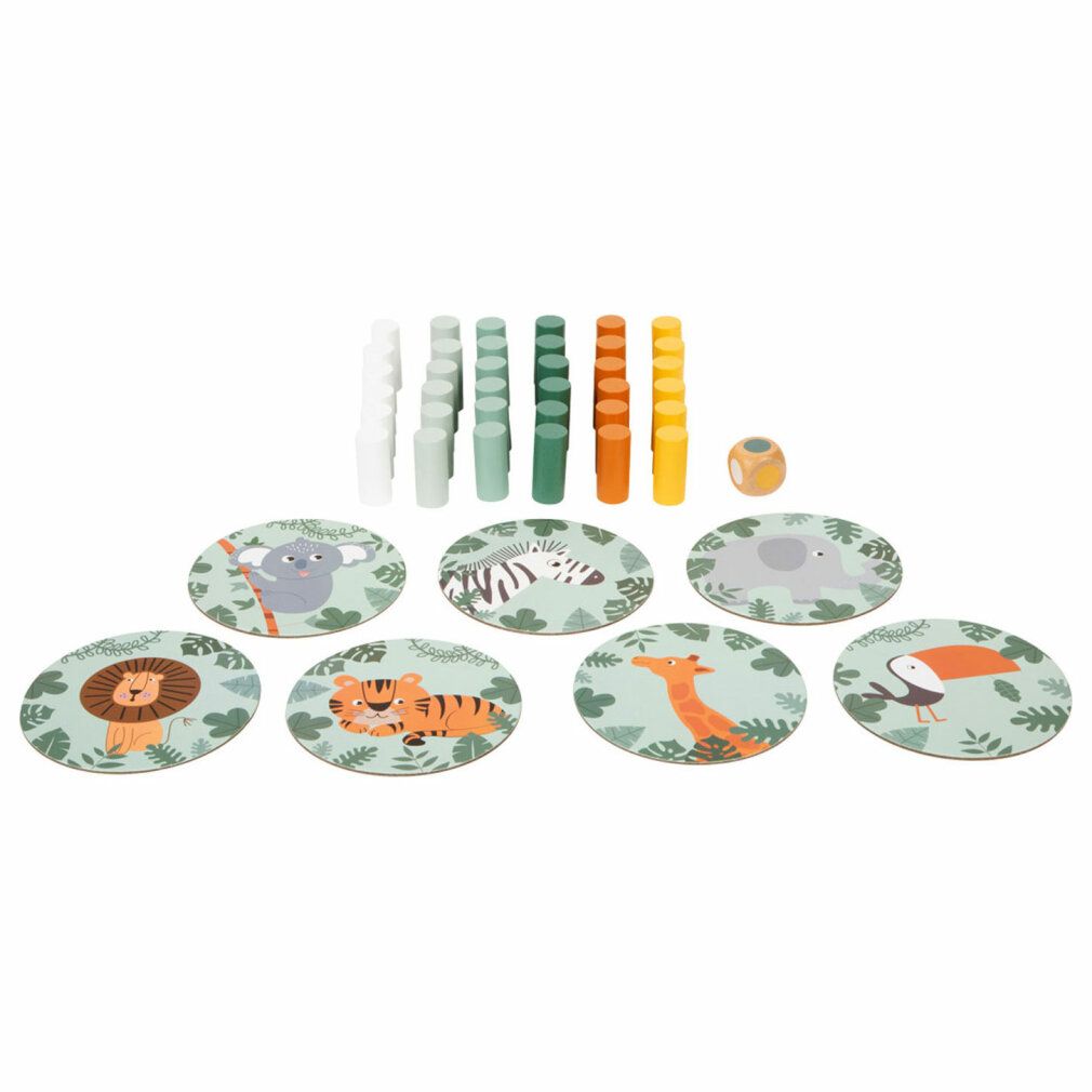 Spiel mit Tier-Motiven. 7 runde Karten mit Tieren. Holzstäbe in verschiedenen Farben. Würfel.