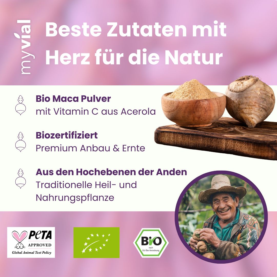 myvial® Bio Maca Mix Kapseln - 120 St mit 3 Maca-Sorten & Acerola - vegan & plastikfrei