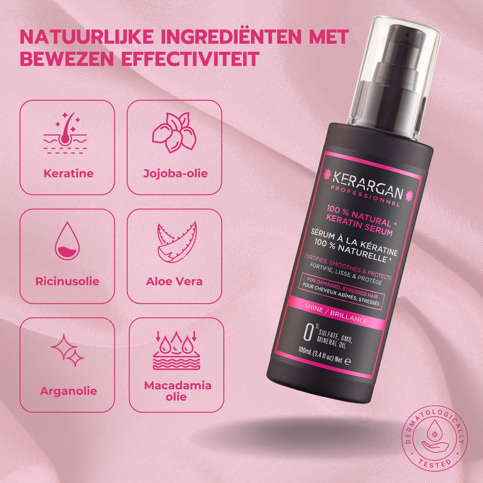 Zwarte fles met pomp. Tekst: Kerargan, 100% Natural Keratin Serum. 0% Sulfaten, GMO, Minerale olie. 100ml.