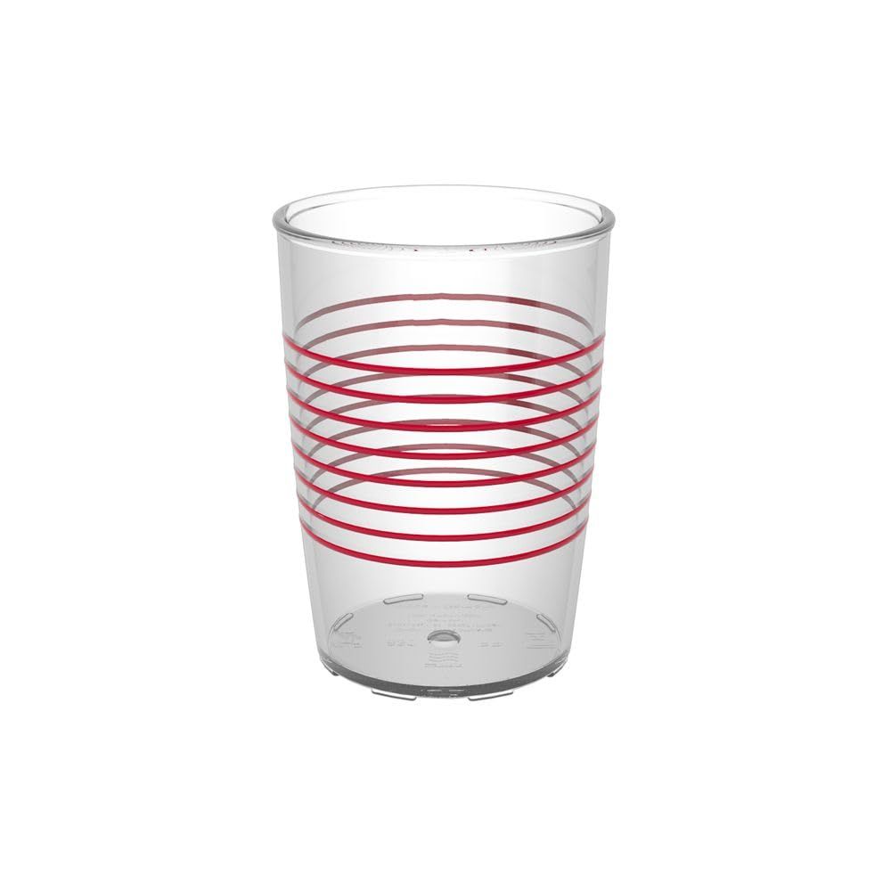 Transparenter Becher mit roten Ringen.