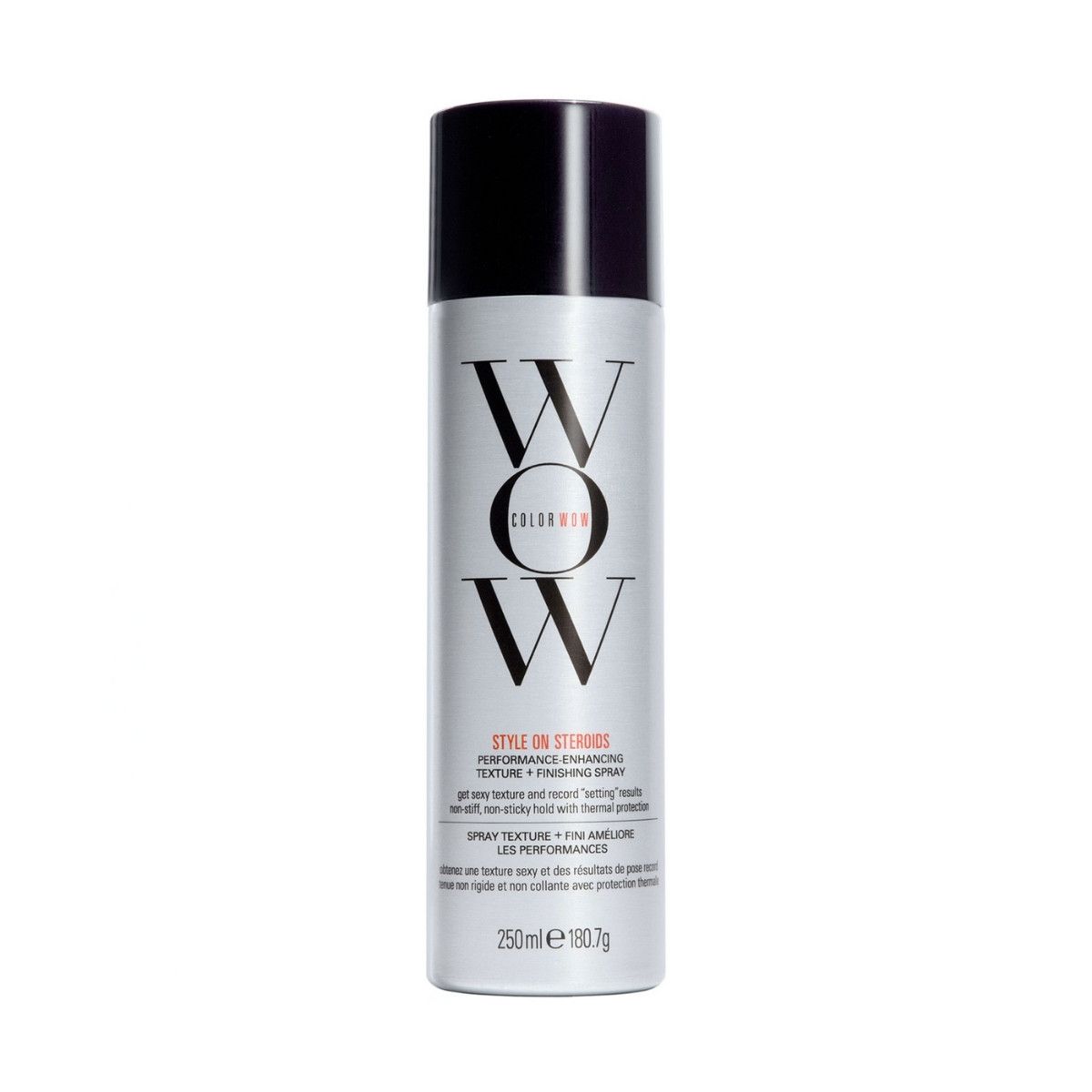 Silberne Sprühdose mit schwarzem Deckel. Vorderseite zeigt "WOW COLOR WOW STYLE ON STEROIDS PERFORMANCE + ENHANCING TEXTURE + FINISHING SPRAY".