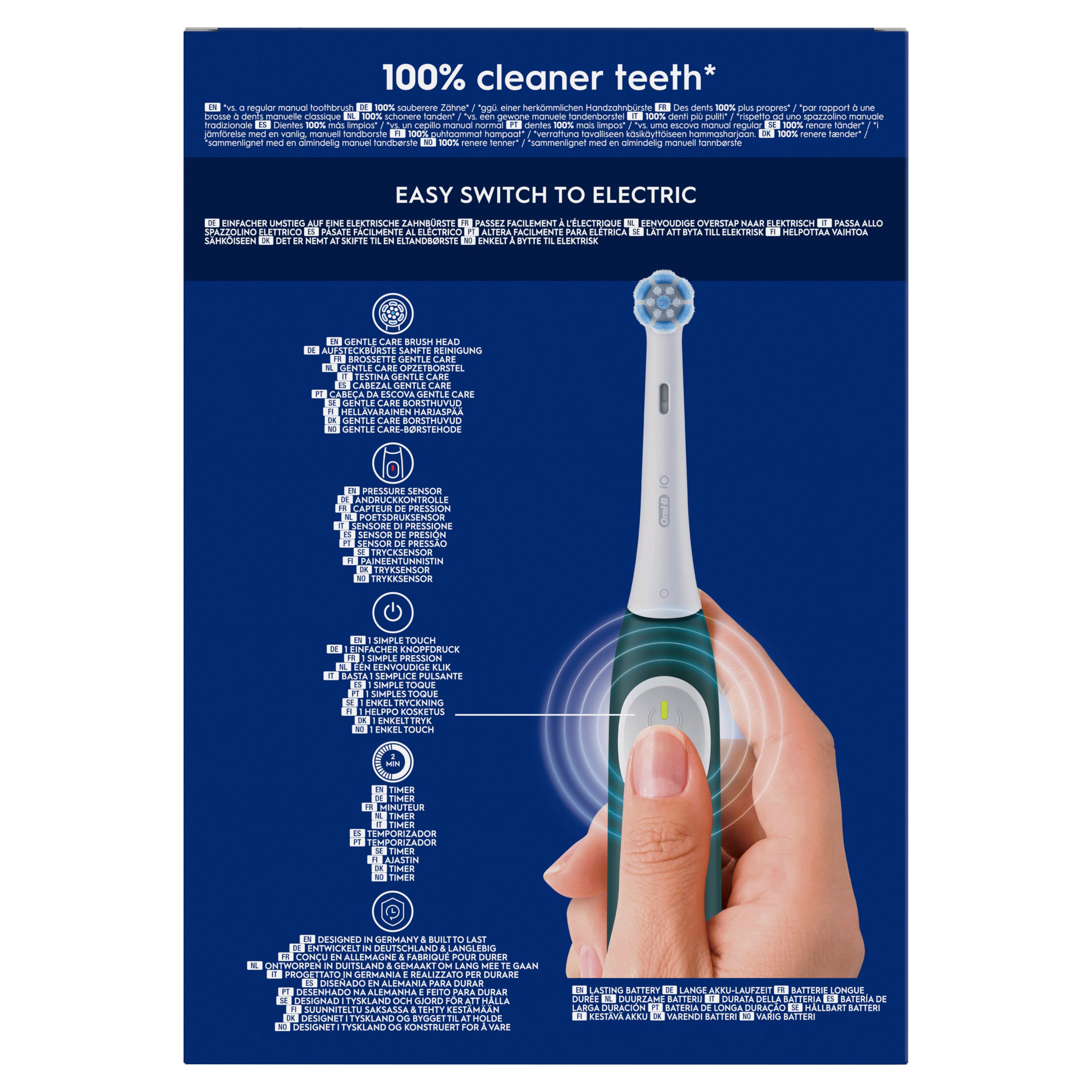 Hand hält eine elektrische Zahnbürste. Auf der Verpackung sind Icons und Text zu Funktionen wie Drucksensor und Reinigungsmodi abgebildet.