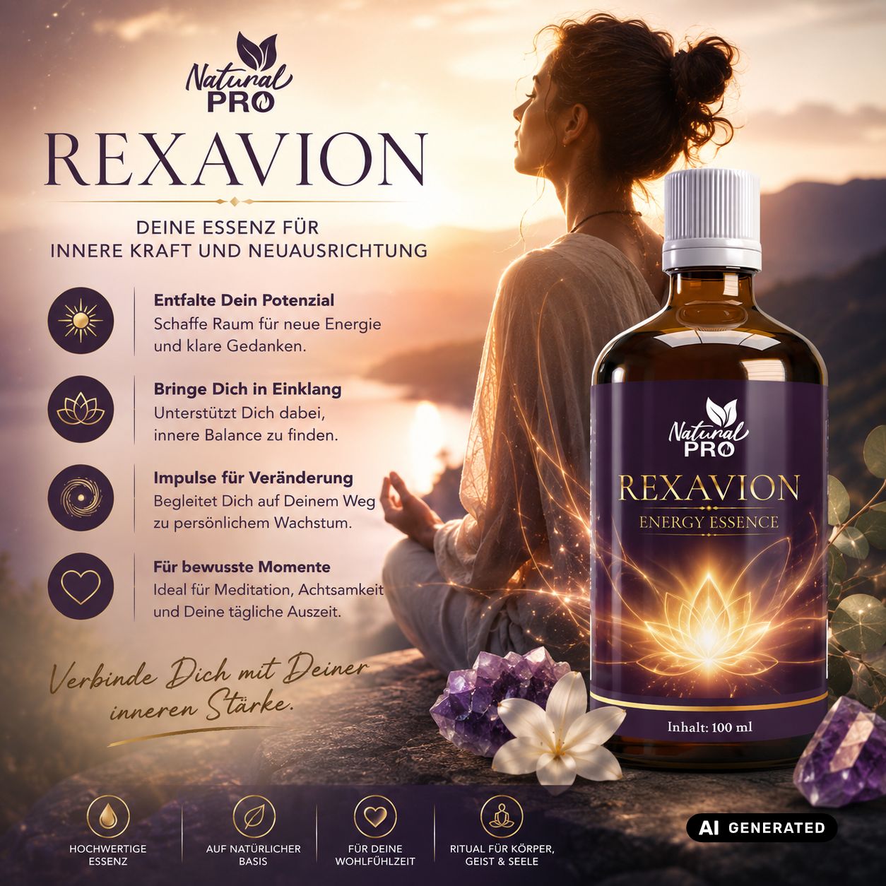 Braune Glasflasche mit weißem Schraubverschluss, Rexavion Energy Essence Etikett.