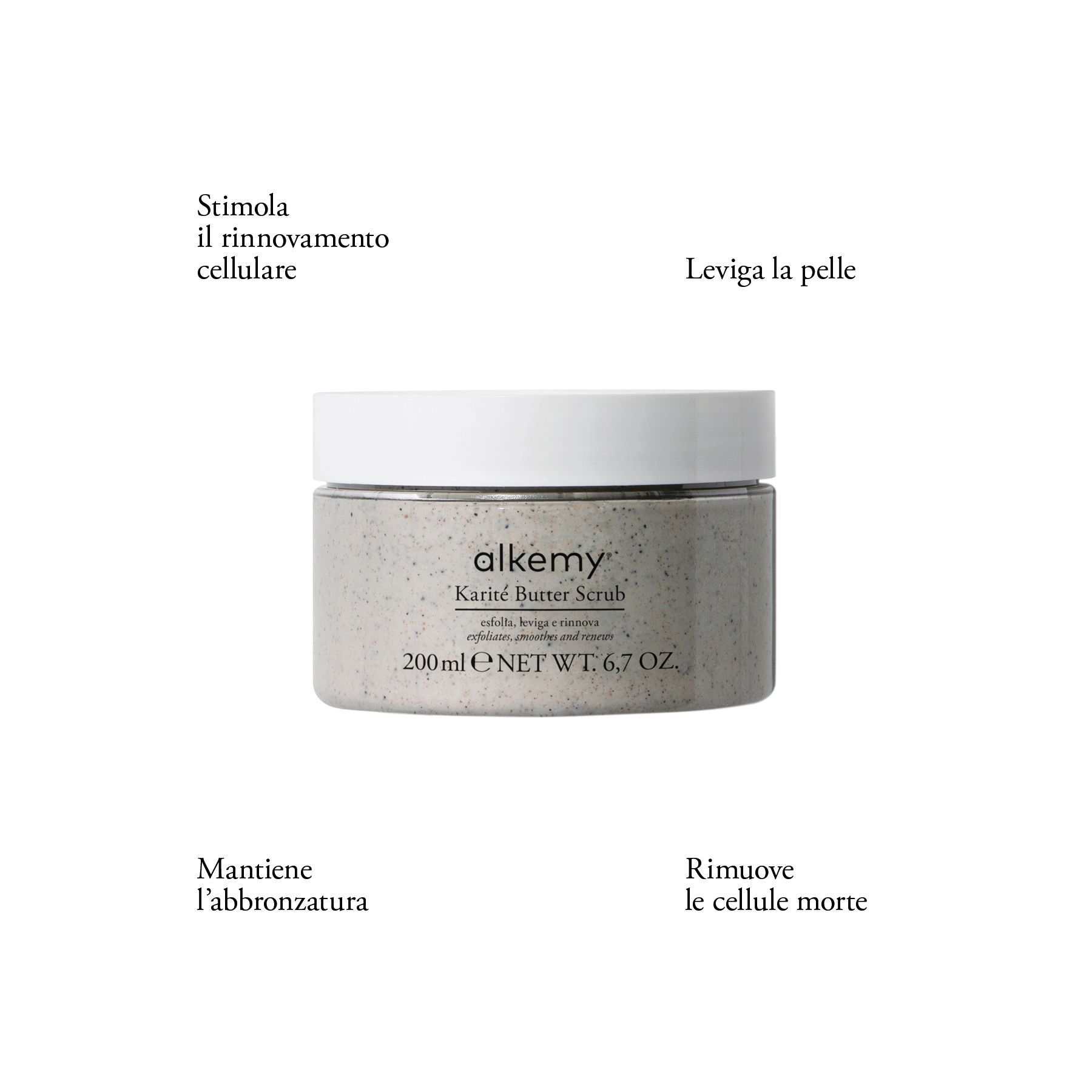 Alkemy Karité Butter Scrub Körperpeeling in einem Glasbehälter mit Text.