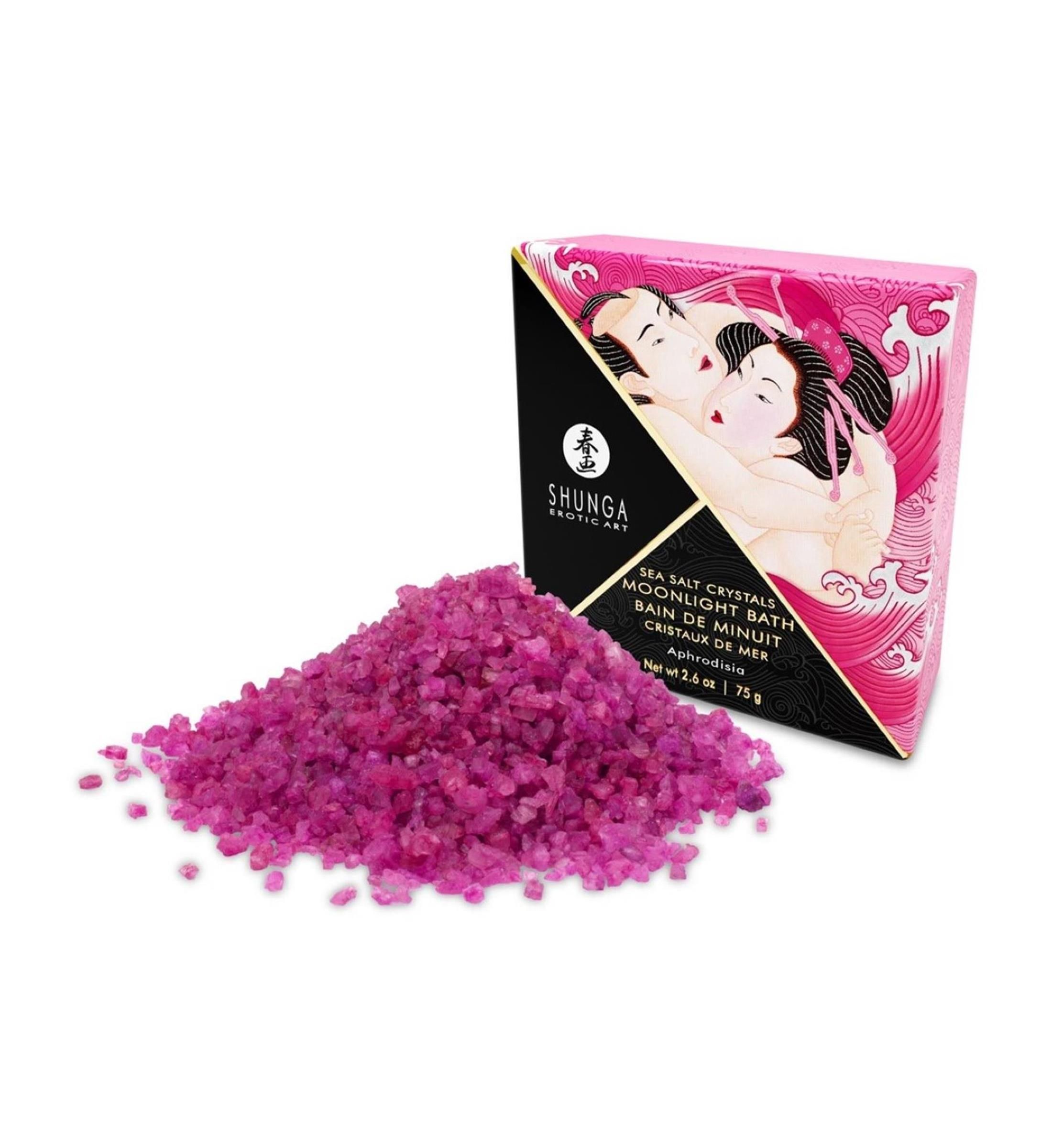 Meersalz-Kristalle für ein Moonlight-Bad in Aphrodisia-Duft. Die Packung zeigt ein stilisiertes Paar.