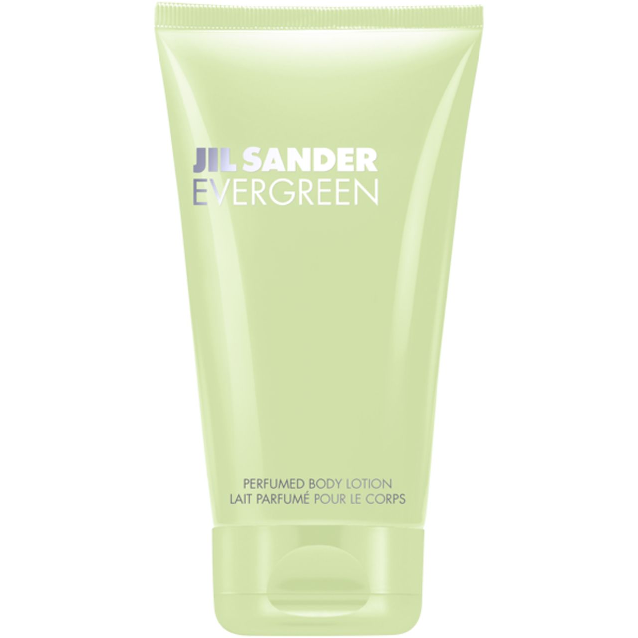 Hellgrüne Tube mit silbernem Aufdruck. Text: Jil Sander Evergreen, Perfumed Body Lotion. Weißer Hintergrund.