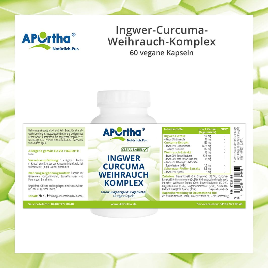 Weiße Flasche mit Etikett. Aufschrift: APOrtha®, Ingwer-Curcuma-Weihrauch-Komplex. 60 vegane Kapseln. Inhaltsstoffe und Nährwertangaben.